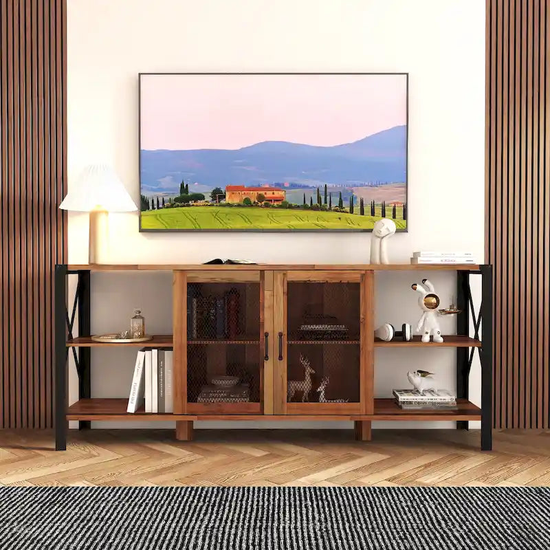 Farmhouse TV Stand 80 Inch Television Stand , Modern Horizontal Wood and Metal Open Bookshelf