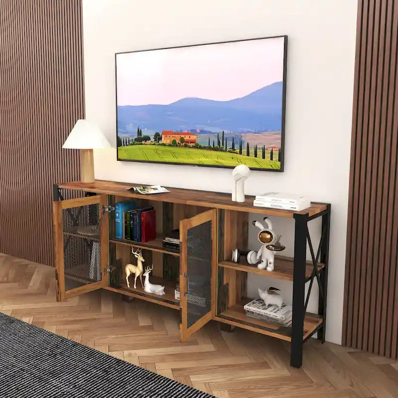 Farmhouse TV Stand 80 Inch Television Stand , Modern Horizontal Wood and Metal Open Bookshelf