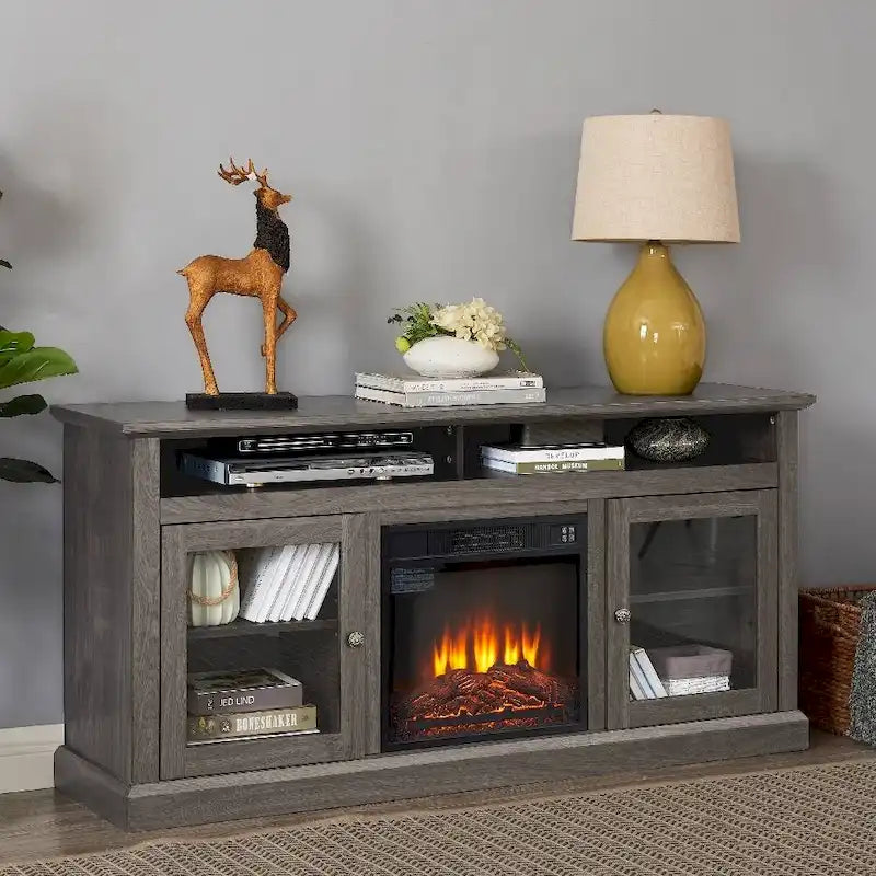 60 Fireplace TV Stand with Glass Doors and Open/Closed Storage for TVs Up to 65