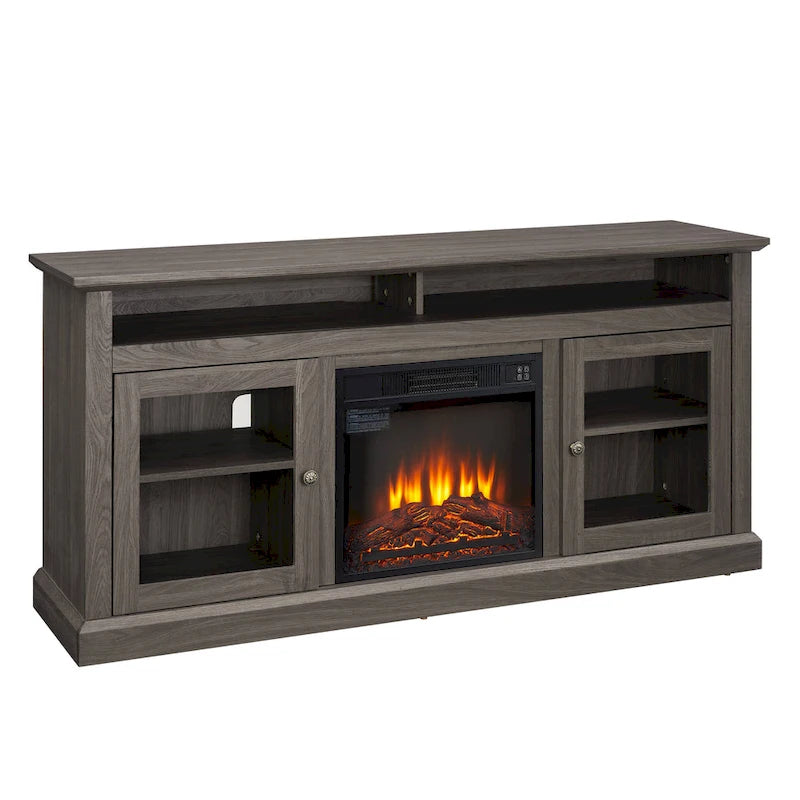 60 Fireplace TV Stand with Glass Doors and Open/Closed Storage for TVs Up to 65