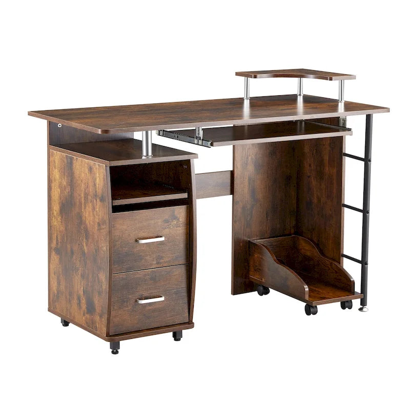 Traditional Curved Computer Desk with Keyboard Tray and Storage Shelves and Device Drawer for Small Home Office or Study Room