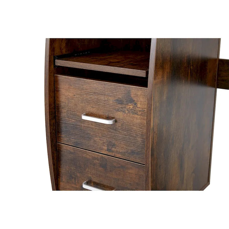 Traditional Curved Computer Desk with Keyboard Tray and Storage Shelves and Device Drawer for Small Home Office or Study Room