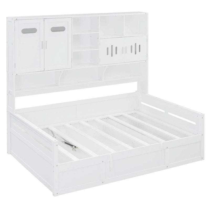 Full Size Wooden Daybed with Hydraulic Lift, All-in-One Cabinet & Shelf, White