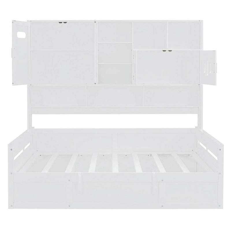 Full Size Wooden Daybed with Hydraulic Lift, All-in-One Cabinet & Shelf, White