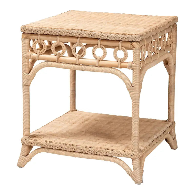 Oxford Braided Natural Rattan End Table with Shelf - Boho Table with Loop Detailing, Coastal Style for Living Room or Bedroom