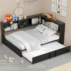 Metal Frame Daybed Full Size Sofa Bed with L-shape Storage Bookcase Guardrail, USB Ports and Trundle Bed, Low Profile Bed