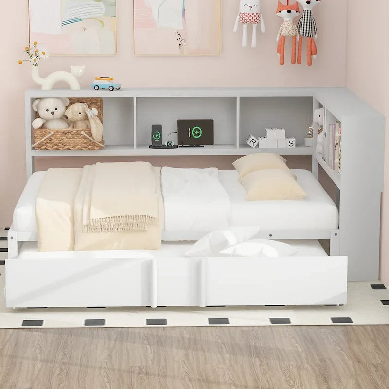 Metal Frame Daybed Full Size Sofa Bed with L-shape Storage Bookcase Guardrail, USB Ports and Trundle Bed, Low Profile Bed