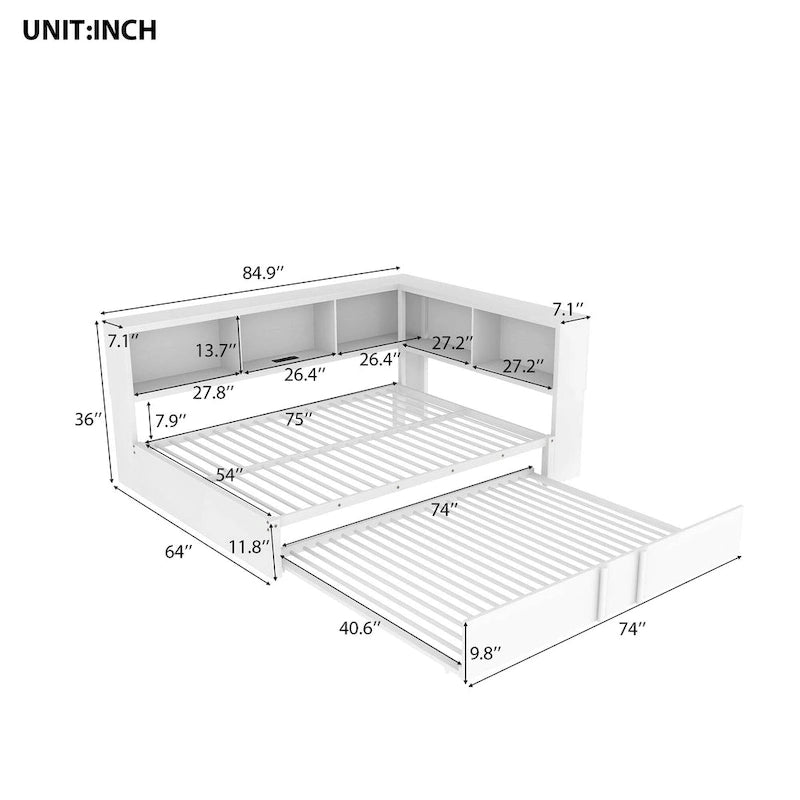 Metal Frame Daybed Full Size Sofa Bed with L-shape Storage Bookcase Guardrail, USB Ports and Trundle Bed, Low Profile Bed