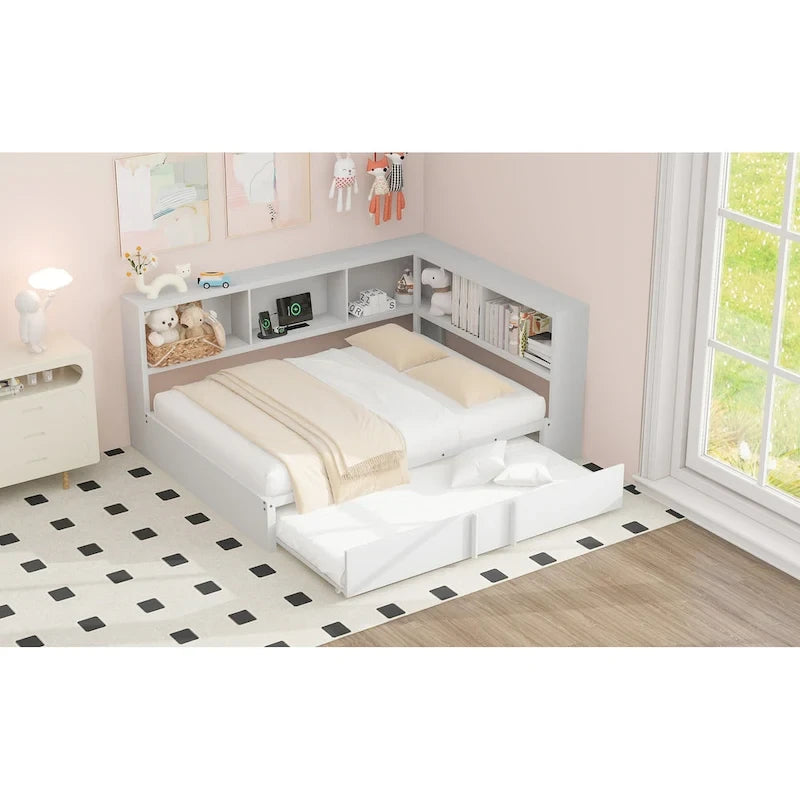 Metal Frame Daybed Full Size Sofa Bed with L-shape Storage Bookcase Guardrail, USB Ports and Trundle Bed, Low Profile Bed