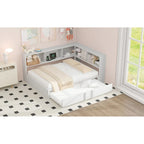 Metal Frame Daybed Full Size Sofa Bed with L-shape Storage Bookcase Guardrail, USB Ports and Trundle Bed, Low Profile Bed