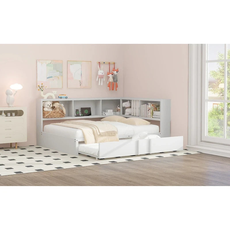 Metal Frame Daybed Full Size Sofa Bed with L-shape Storage Bookcase Guardrail, USB Ports and Trundle Bed, Low Profile Bed