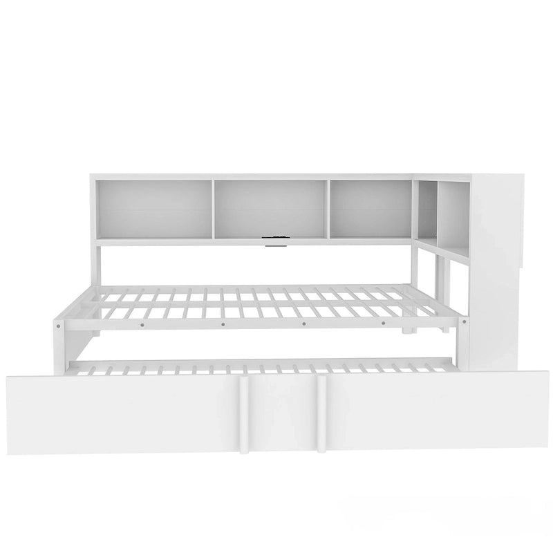 Metal Frame Daybed Full Size Sofa Bed with L-shape Storage Bookcase Guardrail, USB Ports and Trundle Bed, Low Profile Bed