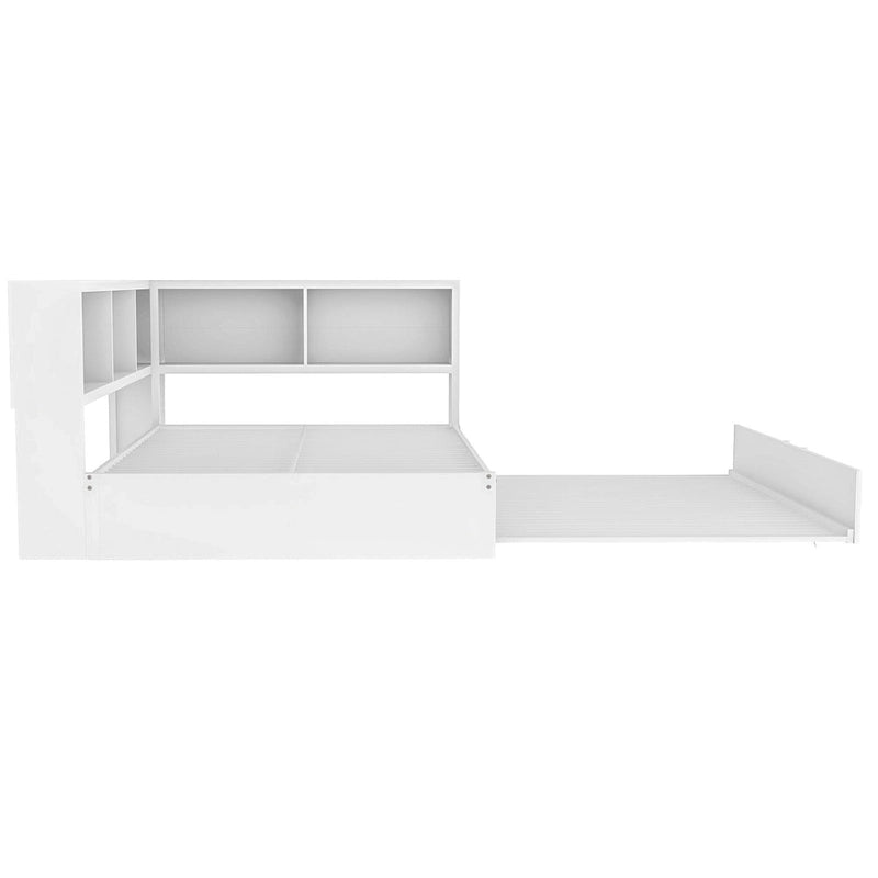 Metal Frame Daybed Full Size Sofa Bed with L-shape Storage Bookcase Guardrail, USB Ports and Trundle Bed, Low Profile Bed