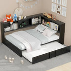 Metal Frame Daybed Full Size Sofa Bed with L-shape Storage Bookcase Guardrail, USB Ports and Trundle Bed, Low Profile Bed