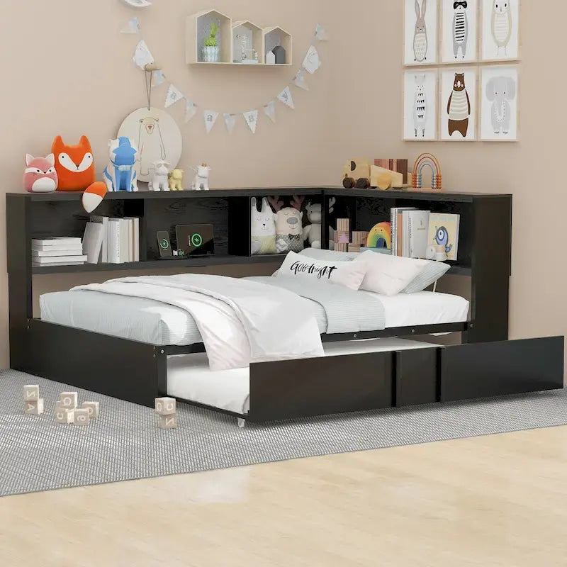 Metal Frame Daybed Full Size Sofa Bed with L-shape Storage Bookcase Guardrail, USB Ports and Trundle Bed, Low Profile Bed