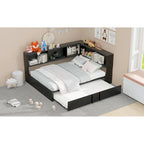 Metal Frame Daybed Full Size Sofa Bed with L-shape Storage Bookcase Guardrail, USB Ports and Trundle Bed, Low Profile Bed