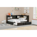 Metal Frame Daybed Full Size Sofa Bed with L-shape Storage Bookcase Guardrail, USB Ports and Trundle Bed, Low Profile Bed