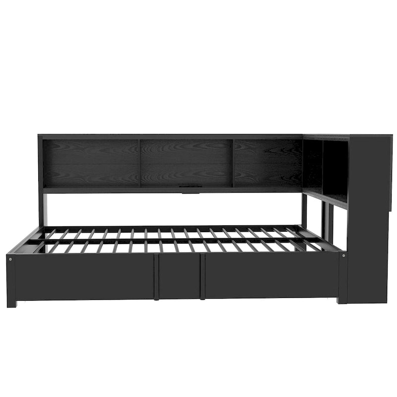 Metal Frame Daybed Full Size Sofa Bed with L-shape Storage Bookcase Guardrail, USB Ports and Trundle Bed, Low Profile Bed