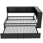 Metal Frame Daybed Full Size Sofa Bed with L-shape Storage Bookcase Guardrail, USB Ports and Trundle Bed, Low Profile Bed