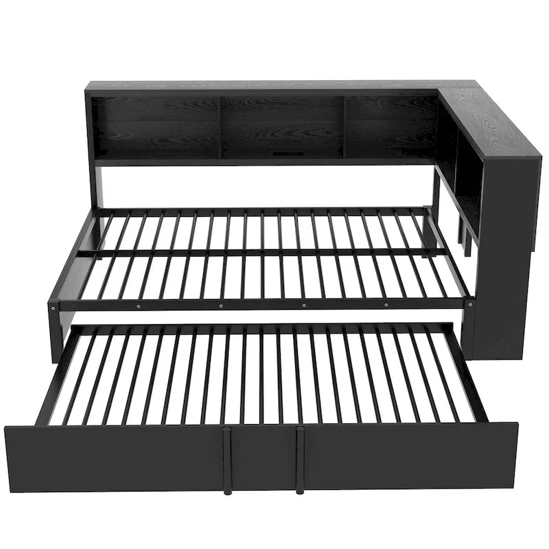 Metal Frame Daybed Full Size Sofa Bed with L-shape Storage Bookcase Guardrail, USB Ports and Trundle Bed, Low Profile Bed