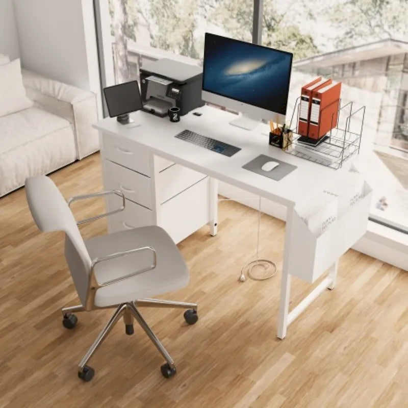 47 Office Desk, Modern Reversible Study Writing Desk Workstation With Hutch, 3 Drawers, Power Outlets And Side Pockets