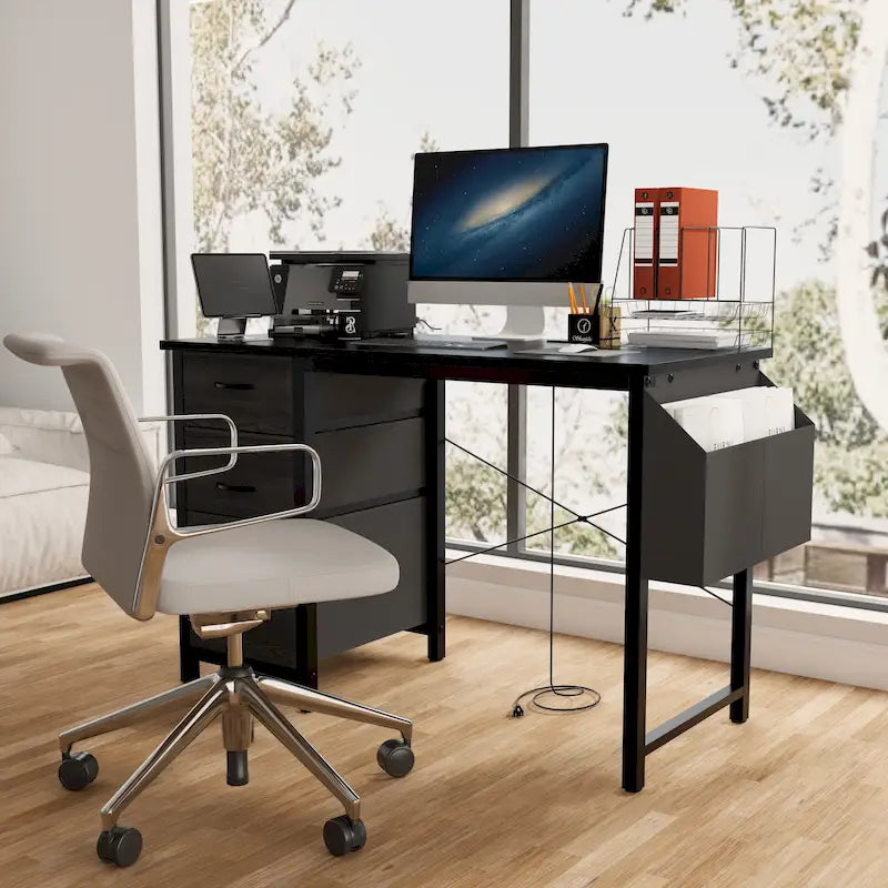 47 Office Desk, Modern Reversible Study Writing Desk Workstation With Hutch, 3 Drawers, Power Outlets And Side Pockets