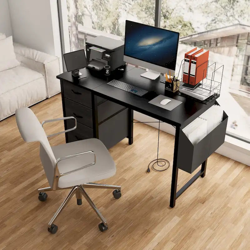 47 Office Desk, Modern Reversible Study Writing Desk Workstation With Hutch, 3 Drawers, Power Outlets And Side Pockets