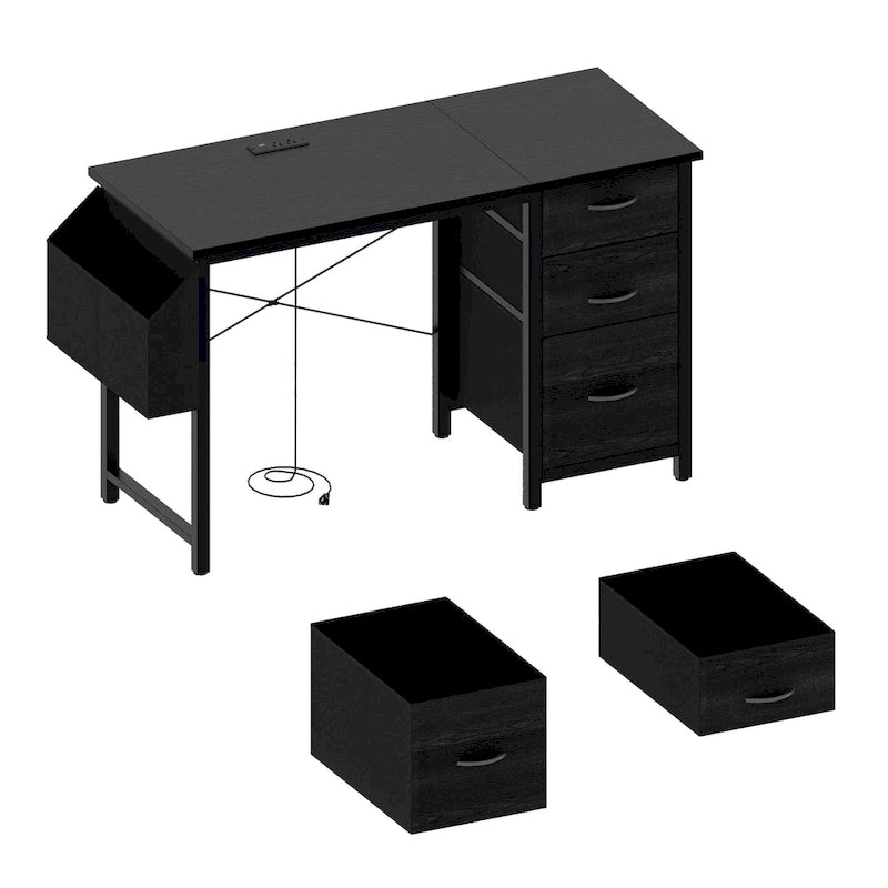 47 Office Desk, Modern Reversible Study Writing Desk Workstation With Hutch, 3 Drawers, Power Outlets And Side Pockets