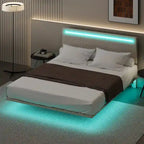 Floating Bed Upholstered Frame Velvet Fabric Platform Bed Adjustable Wingback Bed, Lights on Headboard, Sensor Lights Underbed
