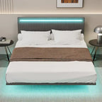 Floating Bed Upholstered Frame Velvet Fabric Platform Bed Adjustable Wingback Bed, Lights on Headboard, Sensor Lights Underbed