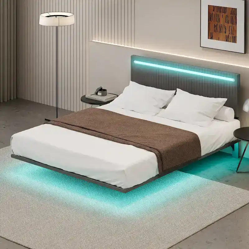 Floating Bed Upholstered Frame Velvet Fabric Platform Bed Adjustable Wingback Bed, Lights on Headboard, Sensor Lights Underbed