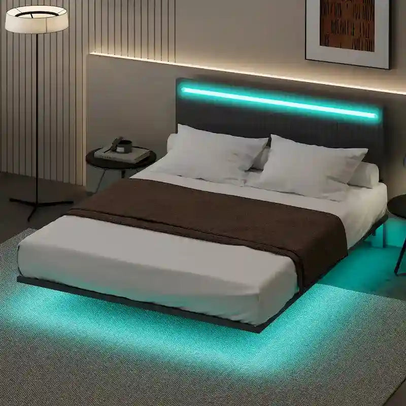Floating Bed Upholstered Frame Velvet Fabric Platform Bed Adjustable Wingback Bed, Lights on Headboard, Sensor Lights Underbed