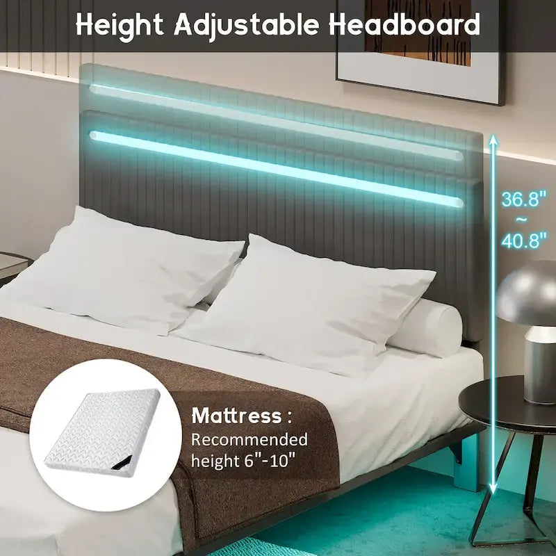 Floating Bed Upholstered Frame Velvet Fabric Platform Bed Adjustable Wingback Bed, Lights on Headboard, Sensor Lights Underbed