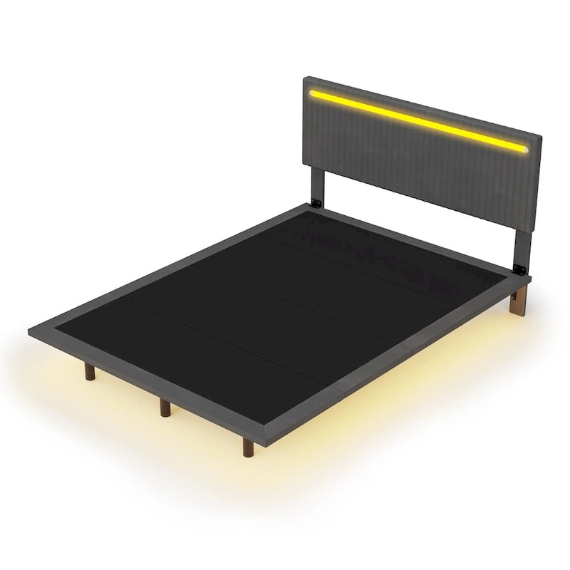 Floating Bed Upholstered Frame Velvet Fabric Platform Bed Adjustable Wingback Bed, Lights on Headboard, Sensor Lights Underbed