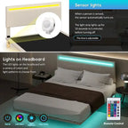 Floating Bed Upholstered Frame Velvet Fabric Platform Bed Adjustable Wingback Bed, Lights on Headboard, Sensor Lights Underbed