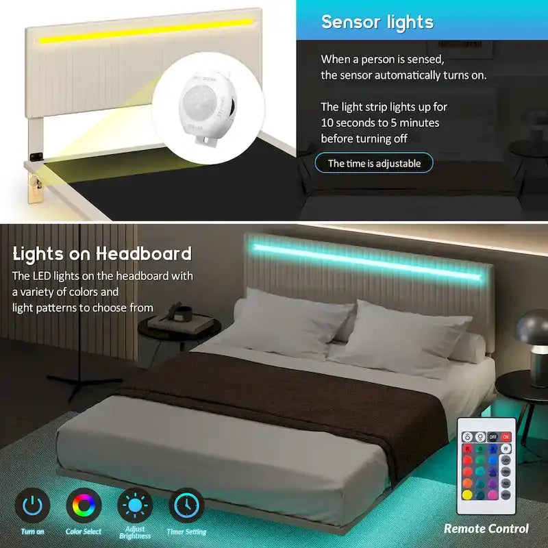 Floating Bed Upholstered Frame Velvet Fabric Platform Bed Adjustable Wingback Bed, Lights on Headboard, Sensor Lights Underbed
