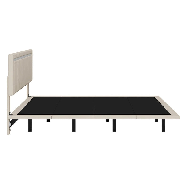 Floating Bed Upholstered Frame Velvet Fabric Platform Bed Adjustable Wingback Bed, Lights on Headboard, Sensor Lights Underbed