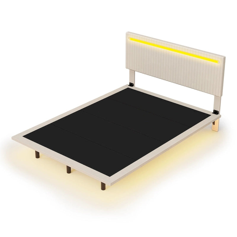 Floating Bed Upholstered Frame Velvet Fabric Platform Bed Adjustable Wingback Bed, Lights on Headboard, Sensor Lights Underbed
