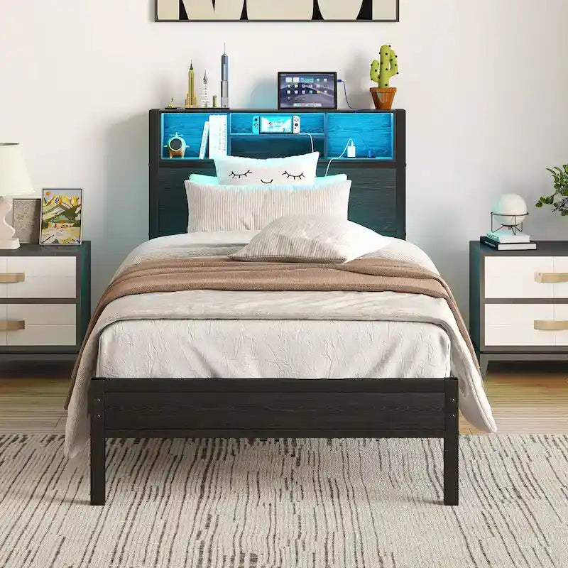Twin Size Metal Platform Bed with Storage Headboard and Charger