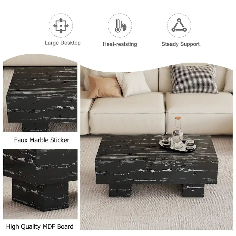 43.3 MDF Coffee Table with Black Marble Texture and 300lbs Weight Capacity