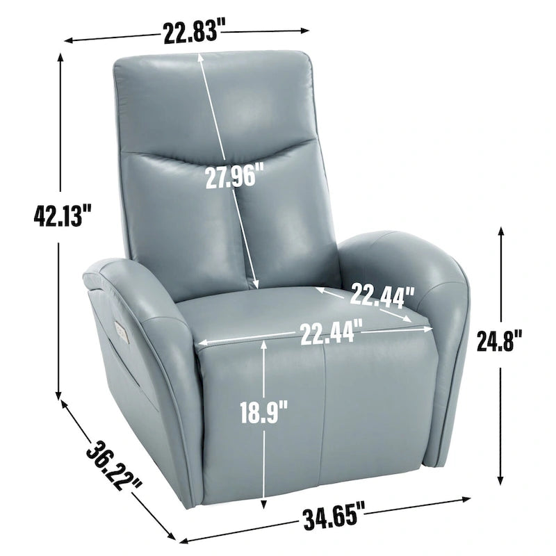 Blue Genuine Leather Power Recliner with Swivel & USB Charging