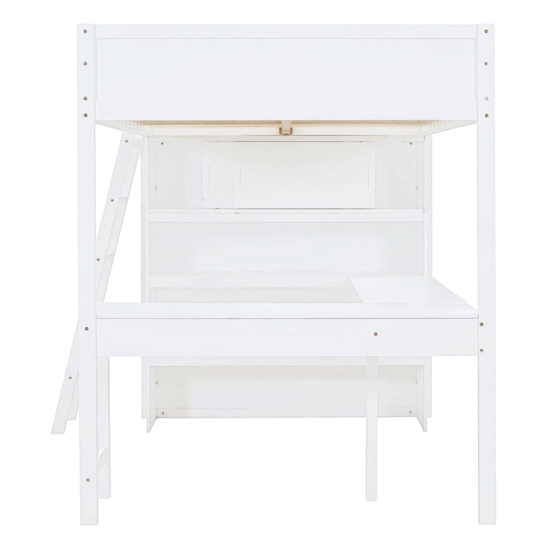 White Full Size Solid Wood Loft Bed with Desk and Shelf for Kids