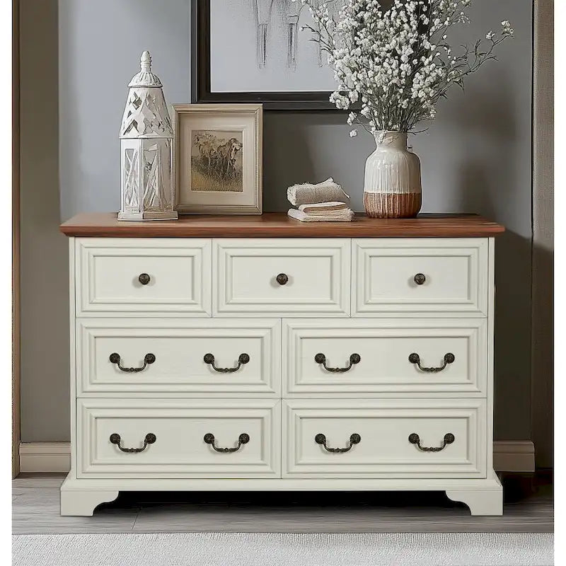 Farmhouse Modern 7-Drawer Horizontal Dresser, Vintage Design, Storage Dressers Organizer for Bedroom, Living Room