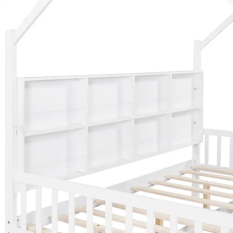 White Full Pine Kids House Platform Bed with Trundle, Shelf, and Roof