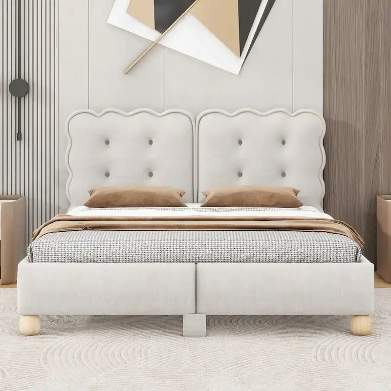 Queen Size Tufted Beige Upholstered Platform Bed