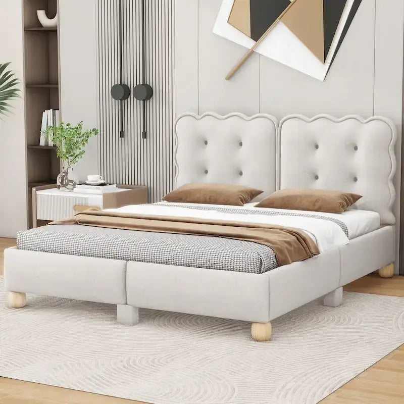 Queen Size Tufted Beige Upholstered Platform Bed