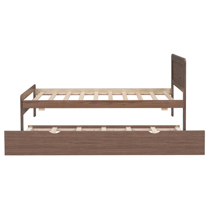 Twin Size Walnut Finish Wood Platform Trundle Bed