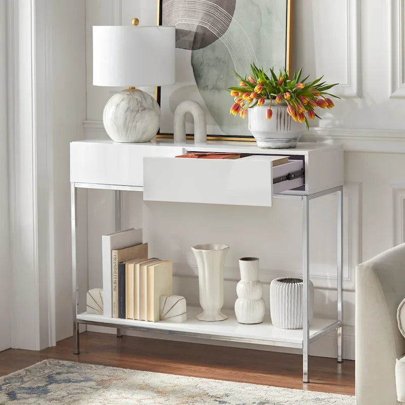 White and Chrome Metal High Gloss Console Table