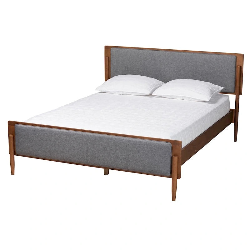 Mid-Century Modern Grey Fabric and Ash Walnut Finished Wood Platform Bed