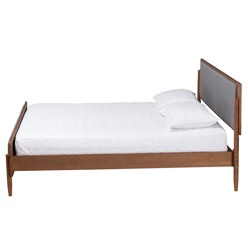 Mid-Century Modern Grey Fabric and Ash Walnut Finished Wood Platform Bed